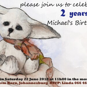 May include: A watercolor illustration of a white fox wearing a red and orange scarf. The fox is sitting in a hand. The text "please join us to celebrate 2 years Michael's Birthday! on Saturday 22 June 2018 at 11h00 in the morning Farm Barn, Johannesburg RSVP: Linda 066 465 67 43" is written below the fox.