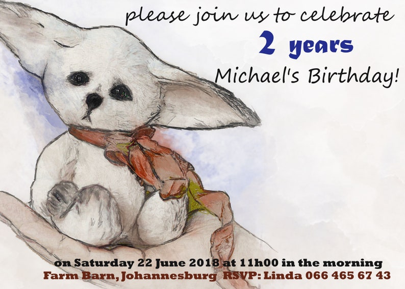 May include: A watercolor illustration of a white fox wearing a red and orange scarf. The fox is sitting in a hand. The text "please join us to celebrate 2 years Michael's Birthday! on Saturday 22 June 2018 at 11h00 in the morning Farm Barn, Johannesburg RSVP: Linda 066 465 67 43" is written below the fox.