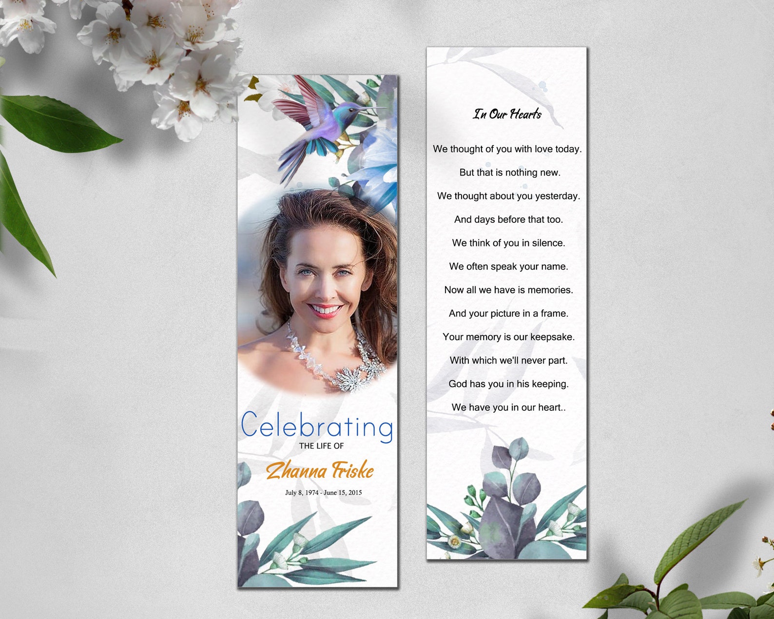Editable Funeral Bookmark Template Hummingbird, Bookmark Funeral With Blue Flowers, Printable