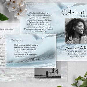 Funeral program template for women blue sea, ocean, Bird Seagull, Wings Angel Editable Funeral Program, Program Celebration Of Life, Memory