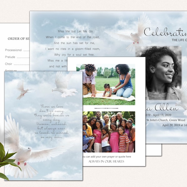 Funeral program template with Wings , Blue  Funeral Program Template,  Dove in blue clouds, Editable Template, Memorial Service