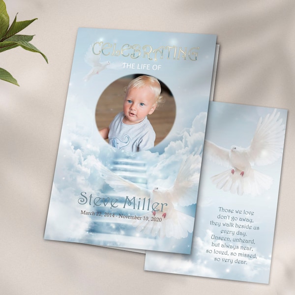 Kinder- oder Baby-Beerdigungs-Programm Vorlage, Taube in Himmels-Programm, In liebevoller Erinnerung, VerlustKind, Verlust Baby, Jungen und Mädchen Trauerprogramm