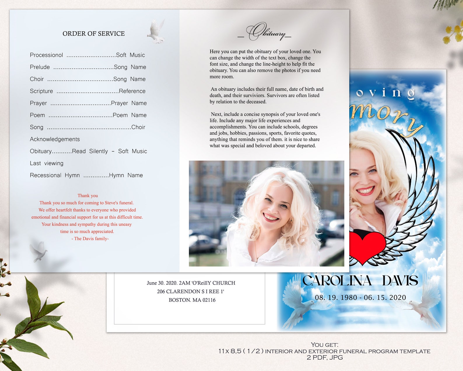 Blue Sky and Angel Wings Funeral Program Template, Celebration of Life