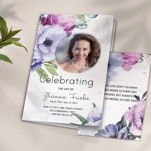 Todesanzeige mit blauen Blumen, Trauervorlage Programm für Frau mit rosa Blumen, Feier des Lebens, Todesanzeige, Event Einladung
