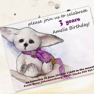 May include: A white, furry, stuffed animal with purple ribbon around its neck is sitting in a hand. The background is a watercolor wash of purple and blue. The text on the card reads: "please join us to celebrate 3 years Amelia Birthday! on Saturday 22 June 2018 at 11h00 in the morning Farm Barn, Johannesburg RSVP: Linda 066 465 67 43"