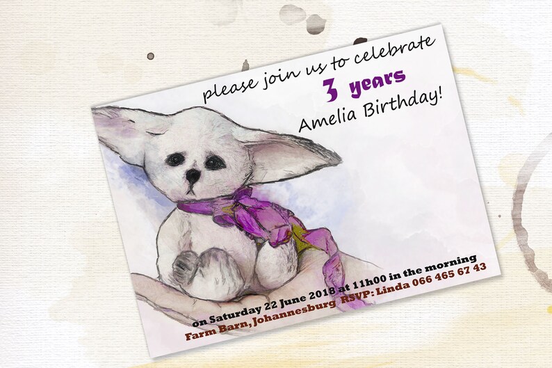 May include: A white, furry, stuffed animal with purple ribbon around its neck is sitting in a hand. The background is a watercolor wash of purple and blue. The text on the card reads: "please join us to celebrate 3 years Amelia Birthday! on Saturday 22 June 2018 at 11h00 in the morning Farm Barn, Johannesburg RSVP: Linda 066 465 67 43"