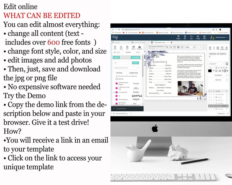 May include: A computer screen displaying a website with a sample funeral program template. The program is customizable with over 600 free fonts, images, and photos. The text on the screen reads "Order of Service".