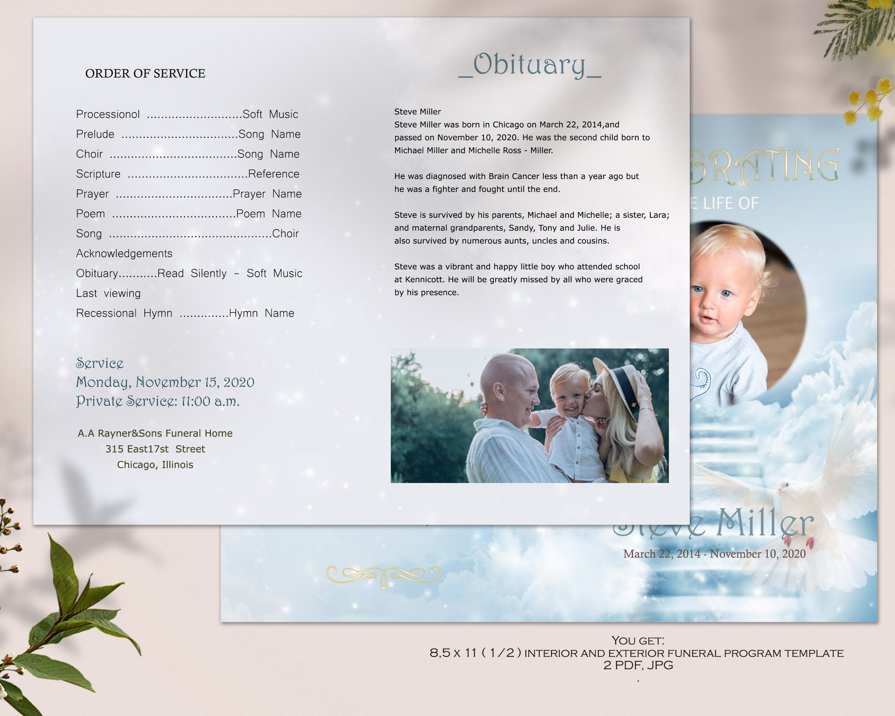 Child or Baby Funeral Program Template Dove in Sky Program Etsy
