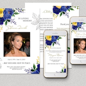 Puede incluir: Un conjunto de tres tarjetas conmemorativas con diseños florales azules y amarillos. Las tarjetas presentan una foto de una mujer y el texto "En memoria cariñosa" y "Que su alma descanse en paz".