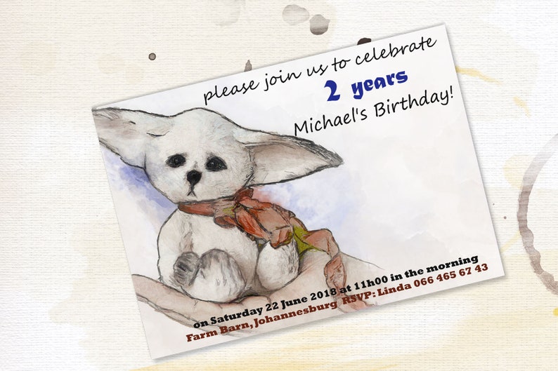 May include: A watercolor illustration of a white fox wearing a red scarf. The illustration is on a white background with blue and brown accents. The text on the image reads: "please join us to celebrate 2 years Michael's Birthday! on Saturday 22 June 2018 at 11h00 in the morning Farm Barn, Johannesburg RSVP: Linda 066 465 67 43"
