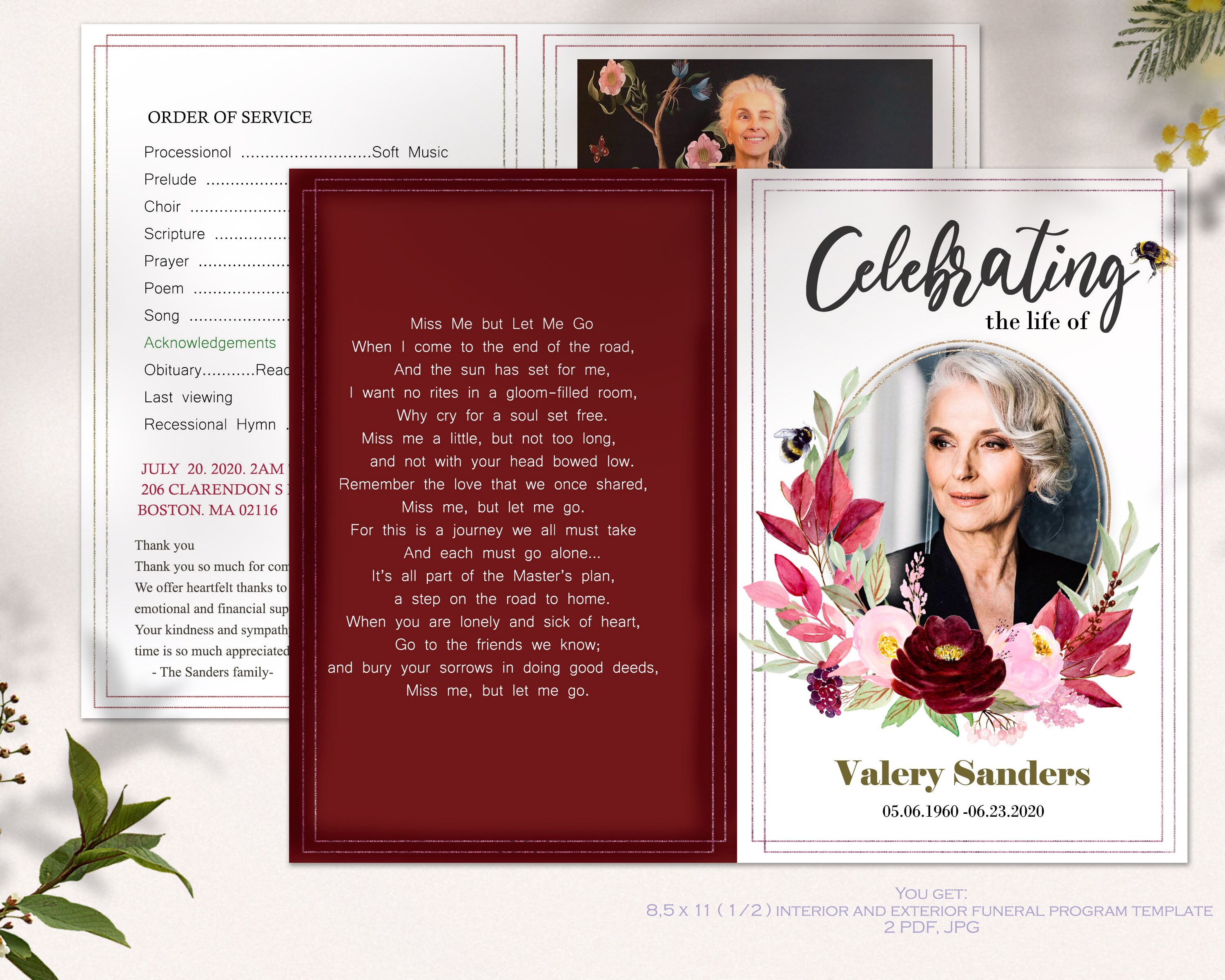 Red Roses Funeral Program Template for women Celebration of | Etsy