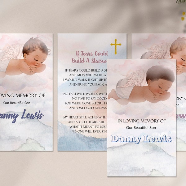 Baby bewerkbare begrafenis gebed kaartsjabloon | Afdrukbare Memorial gebedskaartsjabloon voor jongens | Begrafenis Gebed Kaartsjabloon Engel Baby