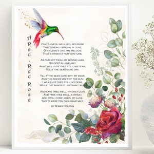 Romantic Poem &quot;A Red, Red Rose&quot; by Robert Burns, romantic poem, gift for bride, wedding print, love gift, gift for her, him,  wedding gift