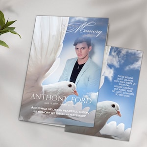 Programme commémoratif Blue Sky pour hommes, Modèle de programme funéraire White Dove, Modèle de service commémoratif modifiable Angel Wings, En mémoire d’amour