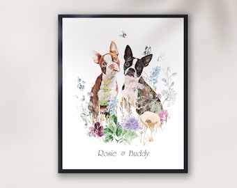 Familie hond Foto, Boston Terrier Hond muur kunst, Minimale Hond print, Grappige Hond print, Hond Boston Terrier in wilde bloemen, home wall decor