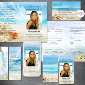 FUNERAL PROGRAM EDITABLE Template, Printable Funeral Template Funeral Bundle Set,  Beach sea Celebration of life Obituary memorial service
