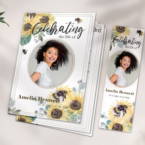 Modèle de programme de funérailles de fleurs jaunes de 8 pages, Ordre des funérailles d'une femme, Célébration de la vie de tournesols, Photo souvenir d'amour