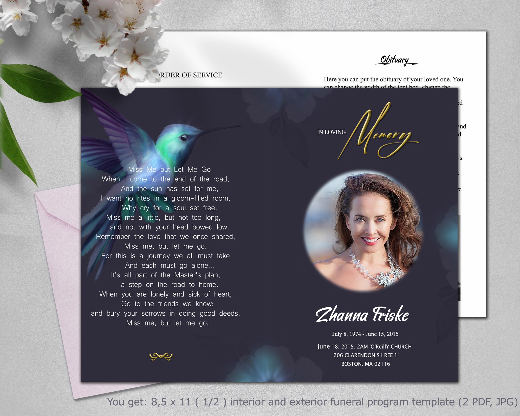 Hummingbird Funeral Program Template for Women, Classic Sympathy ...