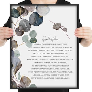 Un membre est tombé de l'arbre généalogique, Perte d'un être cher, Poème pour un défunt, citation sur le mur, Cadeau pour la fête des pères, cadeau pour les parents