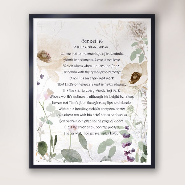 Sonnet 116 Let me not to the marriage of true minds William Shakespeare, Love poem, Wedding gift, Engagement gift, home decor wall art decor