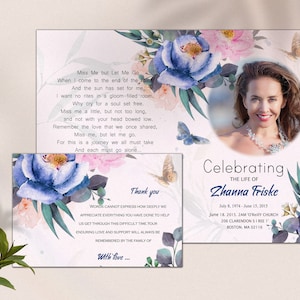 Modèle d'invitation aux funérailles de fleurs roses et bleues, modèle de faire-part de décès, papillon, programme de funérailles florales, célébration de la mémoire de la vie