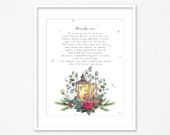 Poem for mother "If Roses Grow in Heaven", Roses for mother, in loving memory of mom, Christmas sympathy gift, Christmas wall home decor