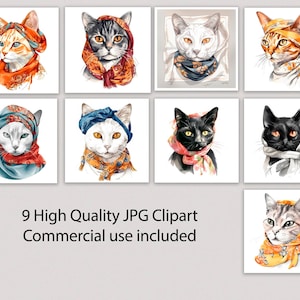 Katten in zijden sjaals, katten in een sjaal op hoofd, nek Clipart 9 Hoge kwaliteit JPG, Volledig commercieel gebruik - Digitale download, Clipart, Aquarel