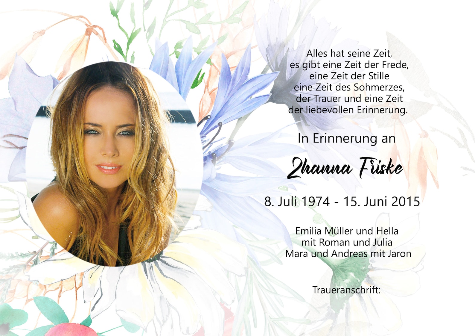 Schoene Traueranzeigen Mit Wildblumen Nachruf Für Frauen Trauer ...