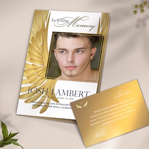 En mémoire d'amour programme funéraire, programme funéraire Golden pour jeune homme, programme nécrologique Wings, carte de remerciement, programme commémoratif, pour adolescent