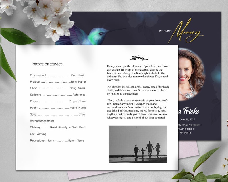 Hummingbird Funeral Program Template for Women, Classic Sympathy ...