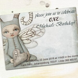May include: A light blue invitation with a whimsical illustration of a fairy holding a heart. The invitation reads "please join us to celebrate ONE Michael's Birthday! on Saturday 22 June 2018 at 11h00 in the morning Farm Barn, Johannesburg RSVP: Linda 066 465 67 43"