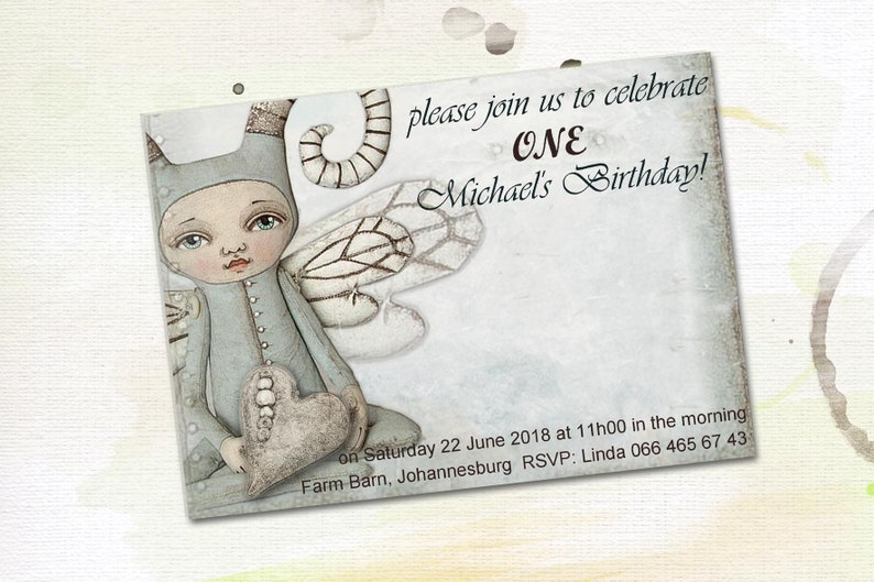 May include: A light blue invitation with a whimsical illustration of a fairy holding a heart. The invitation reads "please join us to celebrate ONE Michael's Birthday! on Saturday 22 June 2018 at 11h00 in the morning Farm Barn, Johannesburg RSVP: Linda 066 465 67 43"