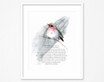 Memorial poem My angel up in heaven, Child loss, Baby loss, To my stillborn son, daughter, Picture with bird, Little angel, sympathy gift