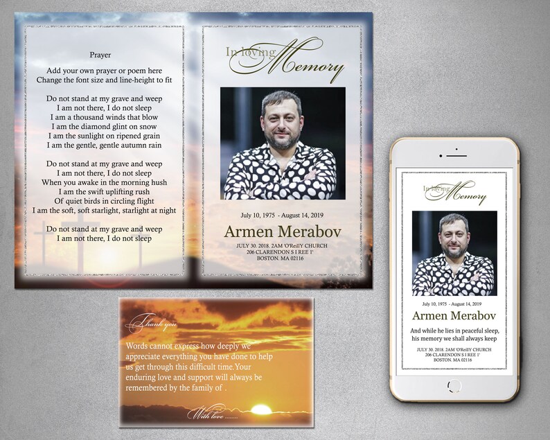 May include: A memorial card with a photo of a man in a black and white polka dot shirt. The card has a sunset background and the text "In Loving Memory" at the top. The text "Armen Merabov" is in a larger font size and the dates "July 10, 1975 - August 14, 2019" are below the name. The text "July 30, 2018, 2 AM" is followed by the church name and address. The card also includes a prayer and a thank you message.
