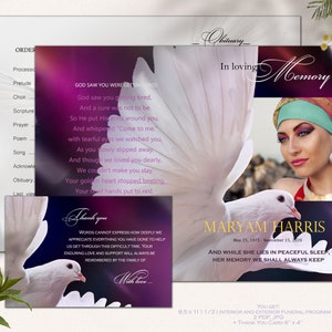 Funeral program template for young woman, Dove, modern memorial program, funeral program for young girl with dove, forever in our hearts image 5
