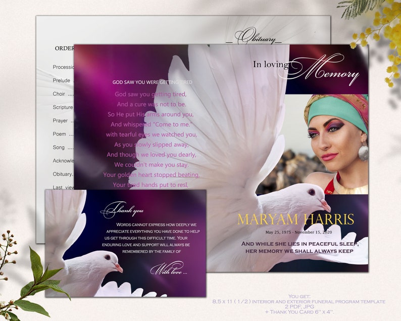 Funeral program template for young woman, Dove, modern memorial program, funeral program for young girl with dove, forever in our hearts image 5