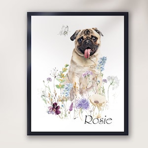 Dog Pug in heaven  in wildflowers with butterfly, Pug dog in sky, Pug angel, loss of pet, personalised dog's print, sympathy gift, memorial