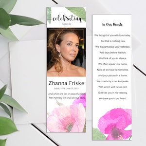 Modèle modifiable de marque-page pour funérailles Marque-page pour funérailles avec fleurs roses Marque-pages imprimables pour la célébration de la vie, carte commémorative du souvenir