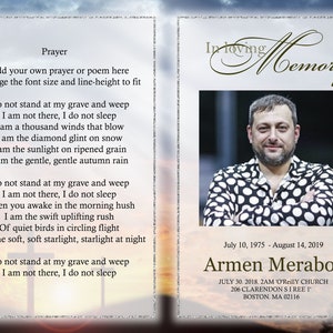 May include: A black and white photo of a man in a black and white polka dot shirt. The photo is on a memorial card with the text "In loving memory" and the man's name, "Armen Merabov", along with his birth and death dates. The card also includes the date, time, and location of his memorial service.