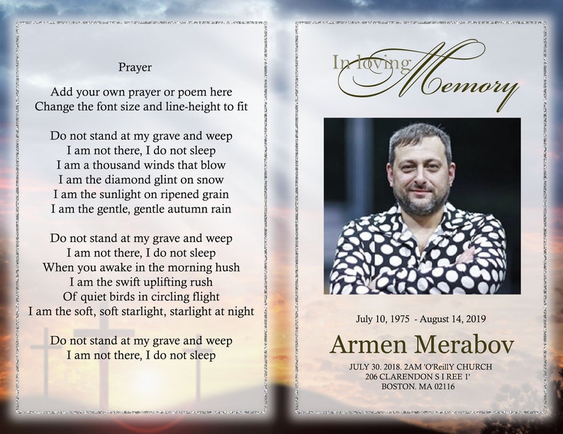 May include: A black and white photo of a man in a black and white polka dot shirt. The photo is on a memorial card with the text "In loving memory" and the man's name, "Armen Merabov", along with his birth and death dates. The card also includes the date, time, and location of his memorial service.
