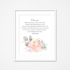 I love you without knowing how by Pablo Neruda, Sonnet, Love poem, gift for beloved,Gift for Valentine&#39;s day,Sweetheart gift,gift for lovers