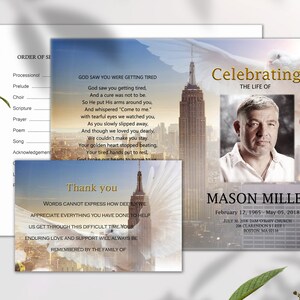 Modèle de programme de funérailles pour une célébration de la vie d'un homme, faire-part d'enterrement, ville, invitation à un service commémoratif, à la douce mémoire