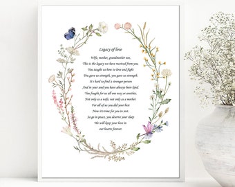 Legacy of Love Funeral poem | Memorial poem | Sympathy card | Funeral poem for your mother, granny |  Poem A wife, a mother, a grandma too