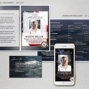 Może przedstawiać: Niebiesko-biały program pogrzebowy ze zdjęciem mężczyzny w granatowym garniturze i granatowo-białą flagą amerykańską. Program zawiera imię Mason Miller, daty od 12 lutego 1965 do 5 maja 2018 oraz tekst "W kochającej pamięci".