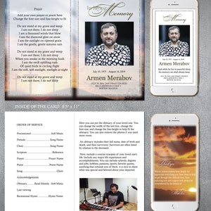 May include: A funeral program template with a sunset background. The front cover features a photo of a man and the text "In Loving Memory" with the name "Armen Merabov" and dates. The back cover includes an order of service with a photo of a man playing a keyboard.