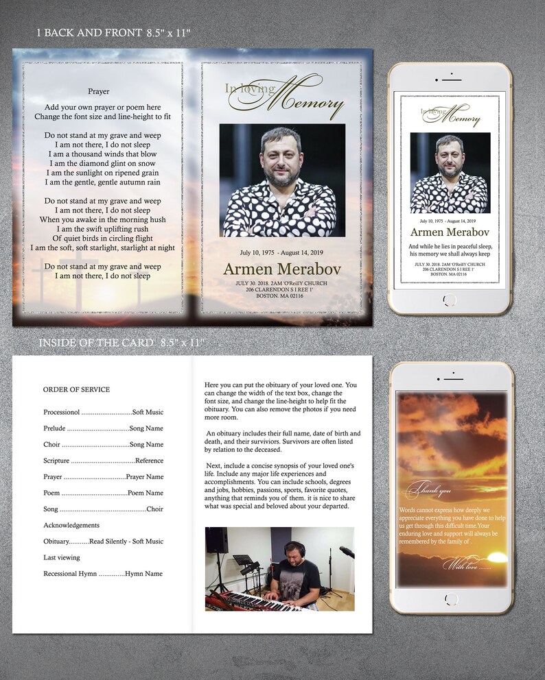May include: A funeral program template with a sunset background. The front cover features a photo of a man and the text "In Loving Memory" with the name "Armen Merabov" and dates. The back cover includes an order of service with a photo of a man playing a keyboard.