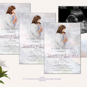 May include: A watercolor illustration of a person holding a baby. The image is a funeral program template for a baby who passed away. The text reads "In Loving Memory of Our Beautiful Son Danny Lewis. Born Sleeping April 25, 2020, at 15:45 pm. 6 pounds, 5 ounces 18 inches. Please join us for Danny's Celebration of Life Service. St. Catherine's Church 1325 Hope Street, Hawthorne, CA 29164. Saturday, April 30, 2020 at 11:00 am."