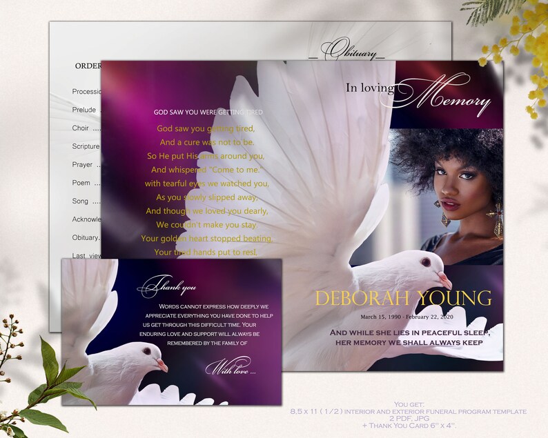 Funeral program template for young woman, Dove, modern memorial program, funeral program for young girl with dove, forever in our hearts image 4