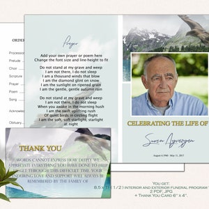 Plantilla de programa funerario para guardabosques, Mountains Lake Sea Eagle Hermoso programa de naturaleza, Celebración de la vida, Fisher, en memoria amorosa