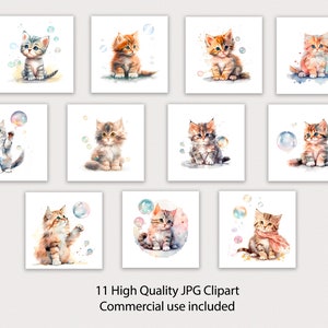 Schattige kittens met zeepbellen clipart 11 hoge kwaliteit JPG, volledig commercieel gebruik-digitale download, kat clipart, aquarel, kunst aan de muur